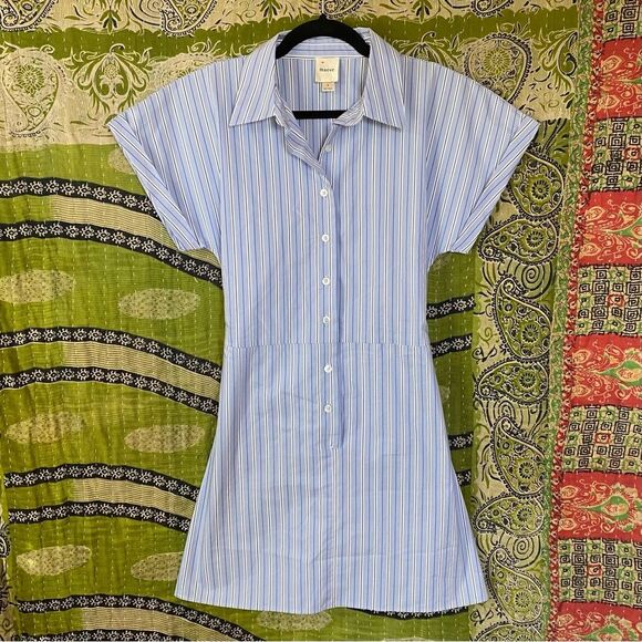 Maeve Blue/ White Striped Button Front Wrap Mini Shirt Dress Size Small - Picture 2 of 16